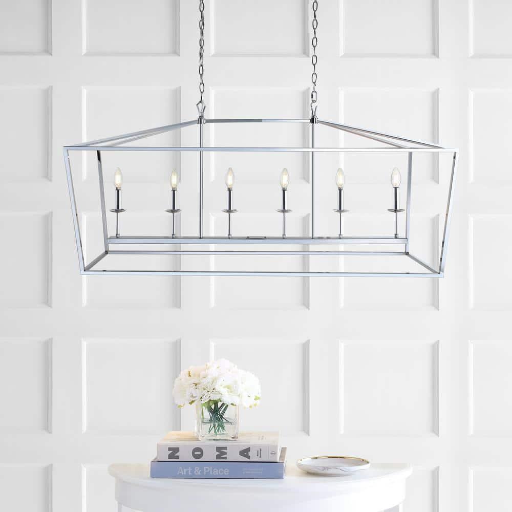 Pagoda 49" Linear 6-Bulb Lantern Metal LED Pendant, Chrome