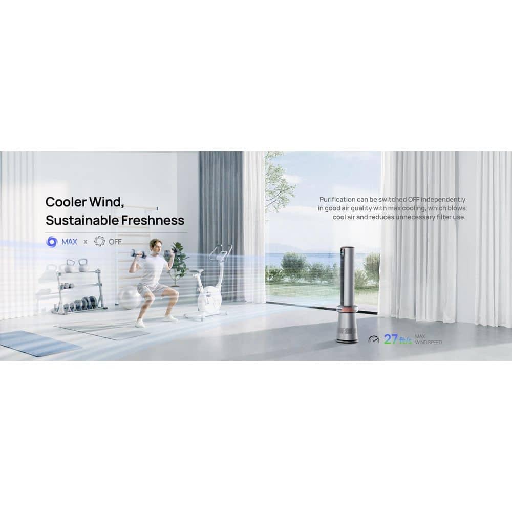 Air Purifier Tower Fan, 45 in. 2-in-1 Smart Fan, 27ft/s Velocity, 120°Oscillation, 24 H Timer, 25dB Low Noise, Silver