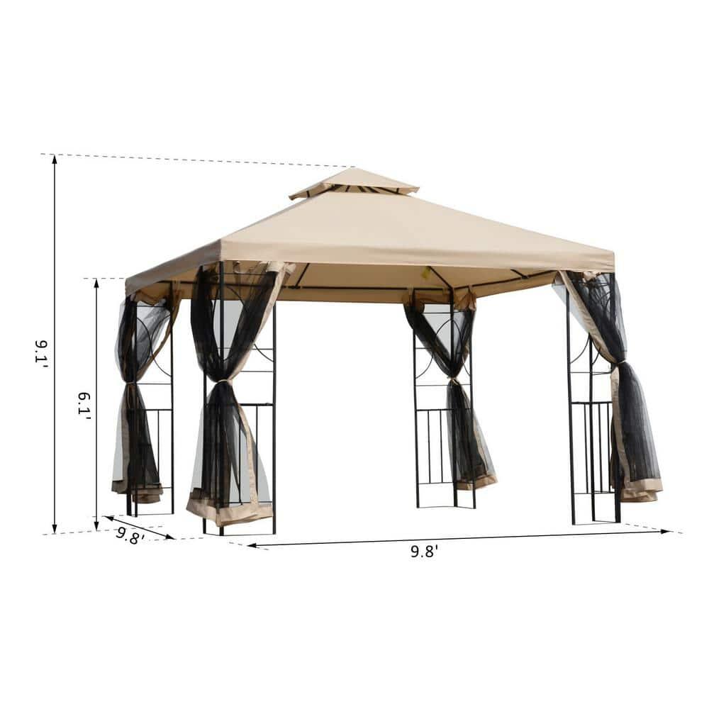 Outsunny 10' x 10' Patio Gazebo with Corner Shelves, Outdoor Gazebo Canopy Shelter with Netting, and Vented Roof, for Garden, Lawn, Backyard and Deck