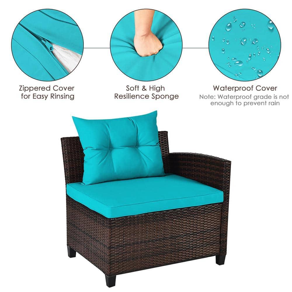 Costway 4PCS Outdoor Patio Rattan Furniture Set Cushioned Sofa Table Turquoise