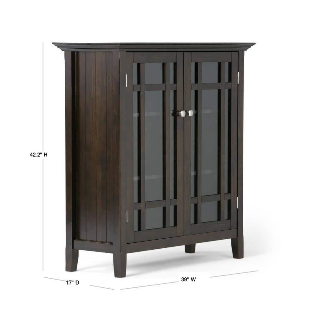 Simpli Home Bedford 39"W Solid Wood 4-Shelf Medium Storage Cabinet with Glass Doors and Adjustable Shelves
