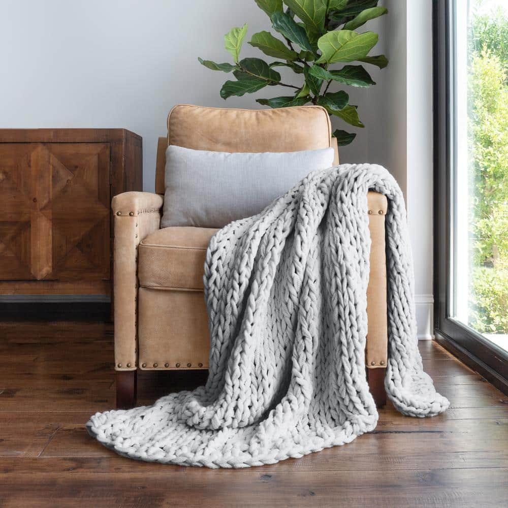 Comfort Canopy - Throw Blanket, Light Gray Chunky Soft Acrylic Hand-Knit