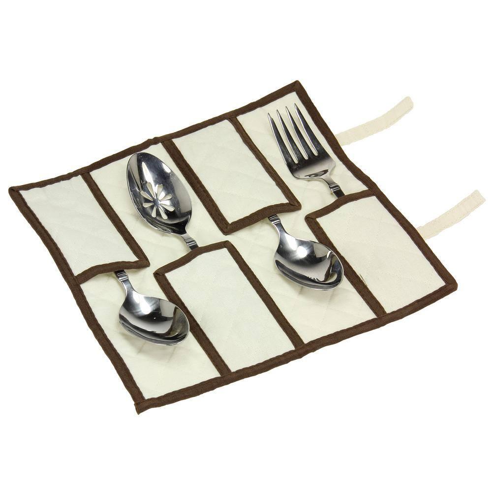 Windowed Flatware Storage Chest, 5 Compartment Storage with Serving Utensil Pouch, Canvas with Brown Trim