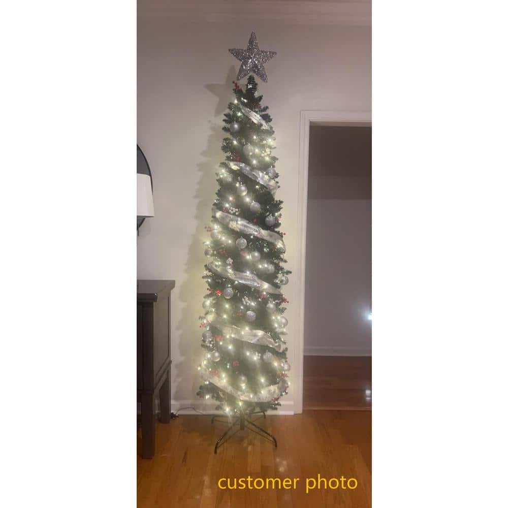 Costway 7.5Ft Pre-lit Hinged Pencil Christmas Tree w/Pine Cones Red Berries & 350 Lights