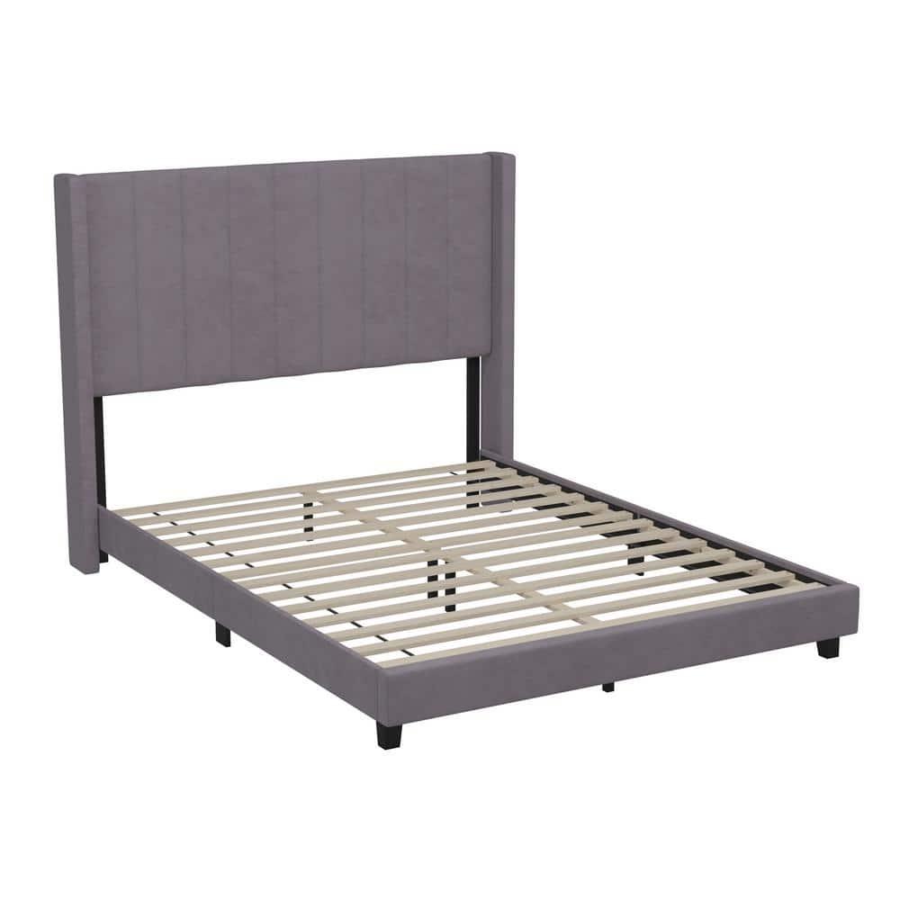 Ebern Designs Upholstered Platform Bed with Vertical Stitched Wingback Headboard, Slatted Mattress Foundation