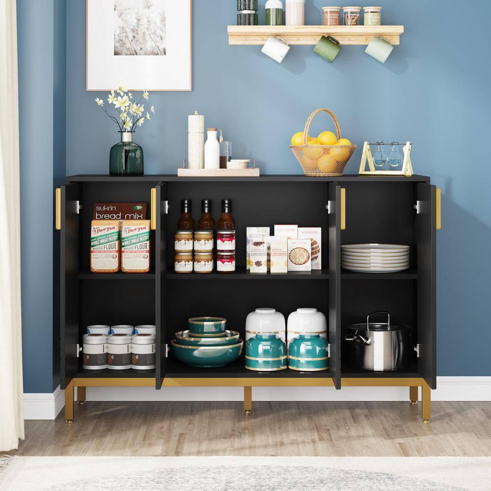 Finmind 59" Buffet Cabinet, 4-Door Storage Sideboard, Black & Gold Coffee Bar Cabinet for Dining Room or Living Room