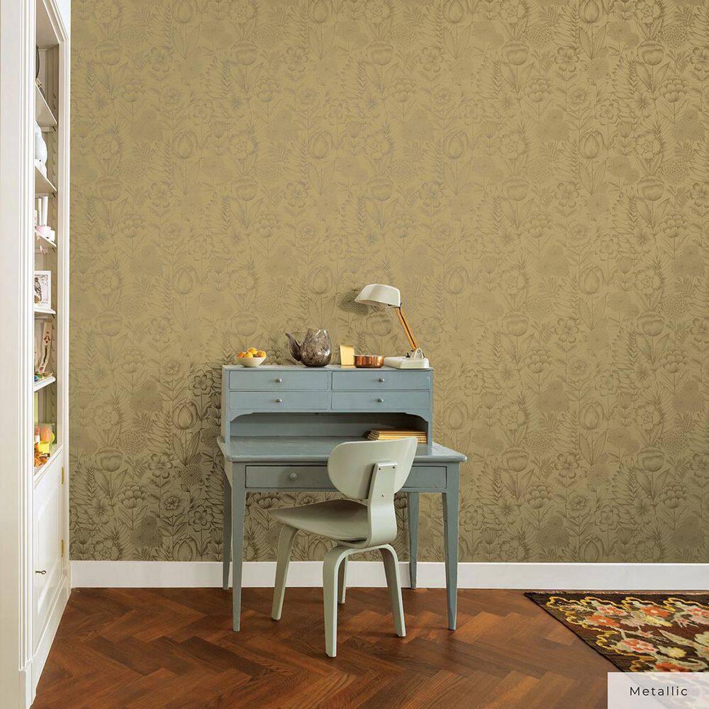 Tempaper & Co. Homestead Floral Removable Peel and Stick Wallpaper, Metallic Marigold, 28 sq. ft.: Vinyl, Self-Adhesive, Washable