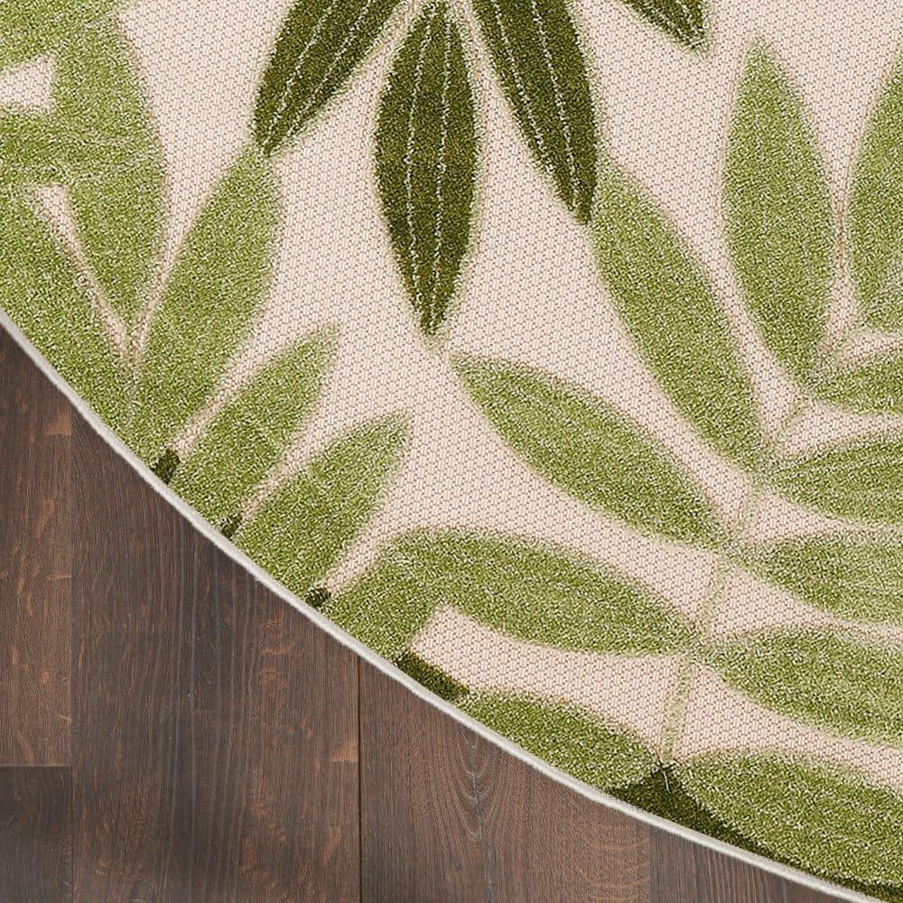 Nourison Aloha Floral Leaf Flatweave High-Low Indoor Outdoor Round Rug Ivory Green 5'3" x 5'3"