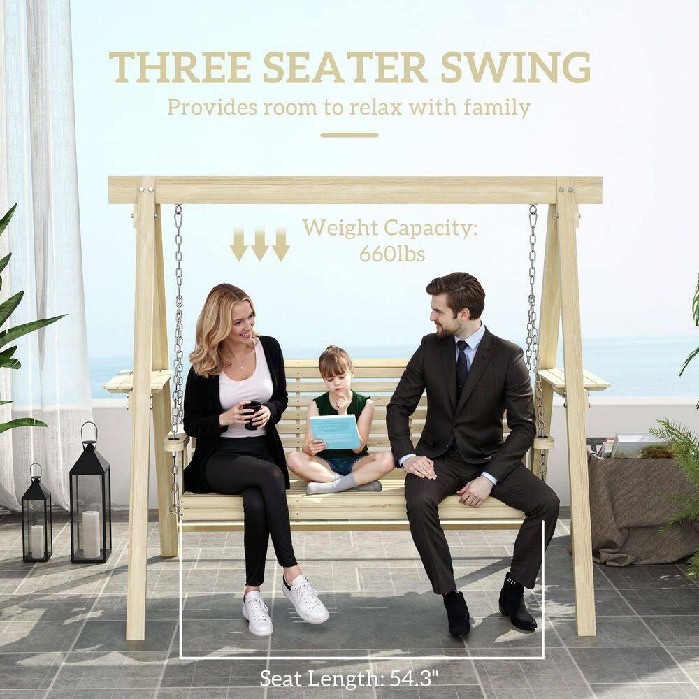 Outsunny 3 Seat Wooden Porch Swing with Stand, Patio Swing Chair with Side Tables, Natural Wood