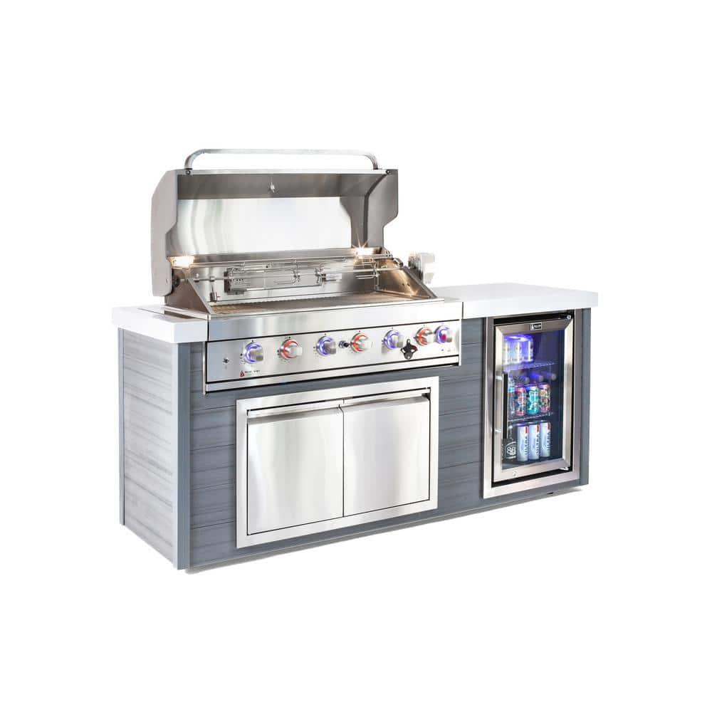 Mont Alpi MA805-AW Artwood Series High Density Polyethylene 6-Burner 87000 BTU Propane Natural Gas Stainless Steel Outdoor Kitchen Island Grill + Granite Countertops + Double Access Doors + Refrigerator