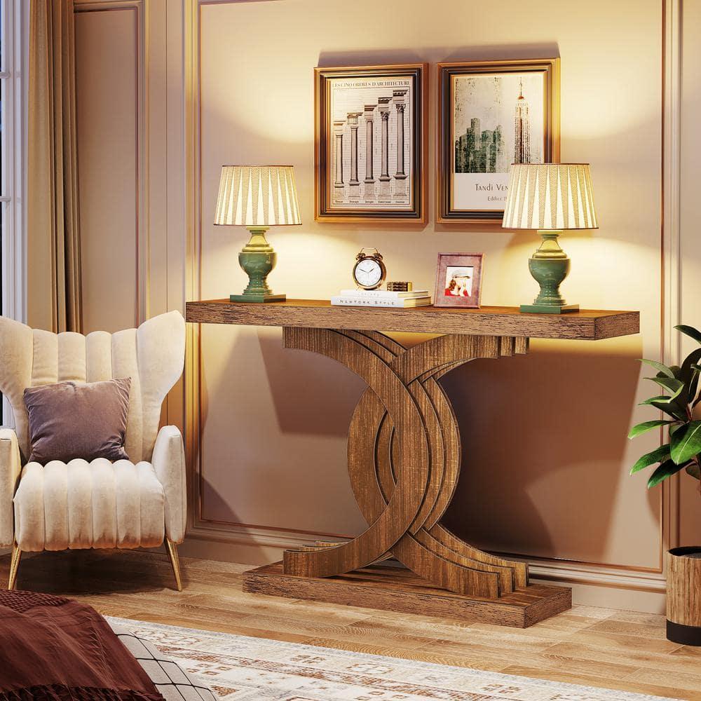 Tribesigns Modern 39-inch Console Tables, Farmhouse Entryway Table with Geometric Base, Wooden Narrow Hallway Table/Sofa Table for Living Room, Brown