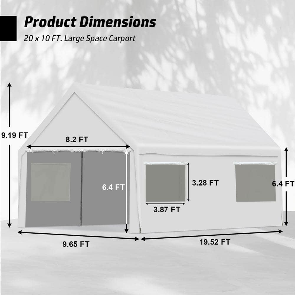 Aoodor 20 x 10 FT. Vehicle Carport Canopy Portable Garage Party Canopy Tent Boat Shelter, Heavy Duty Metal Frame with Removable Rool-up Sidewalls and Doors, White