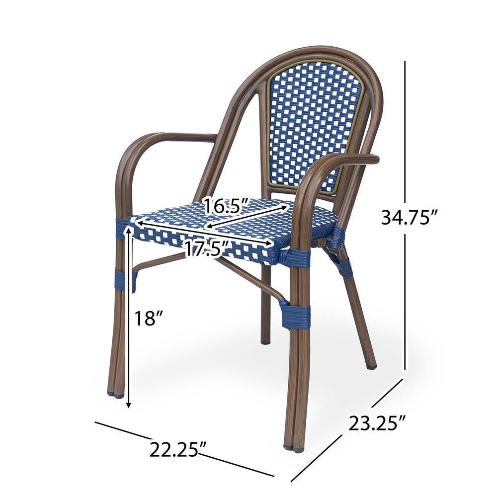 Cecil Aluminum and Wicker Outdoor French Bistro Chairs, Set of 2, Navy Blue, White, and Brown Wood