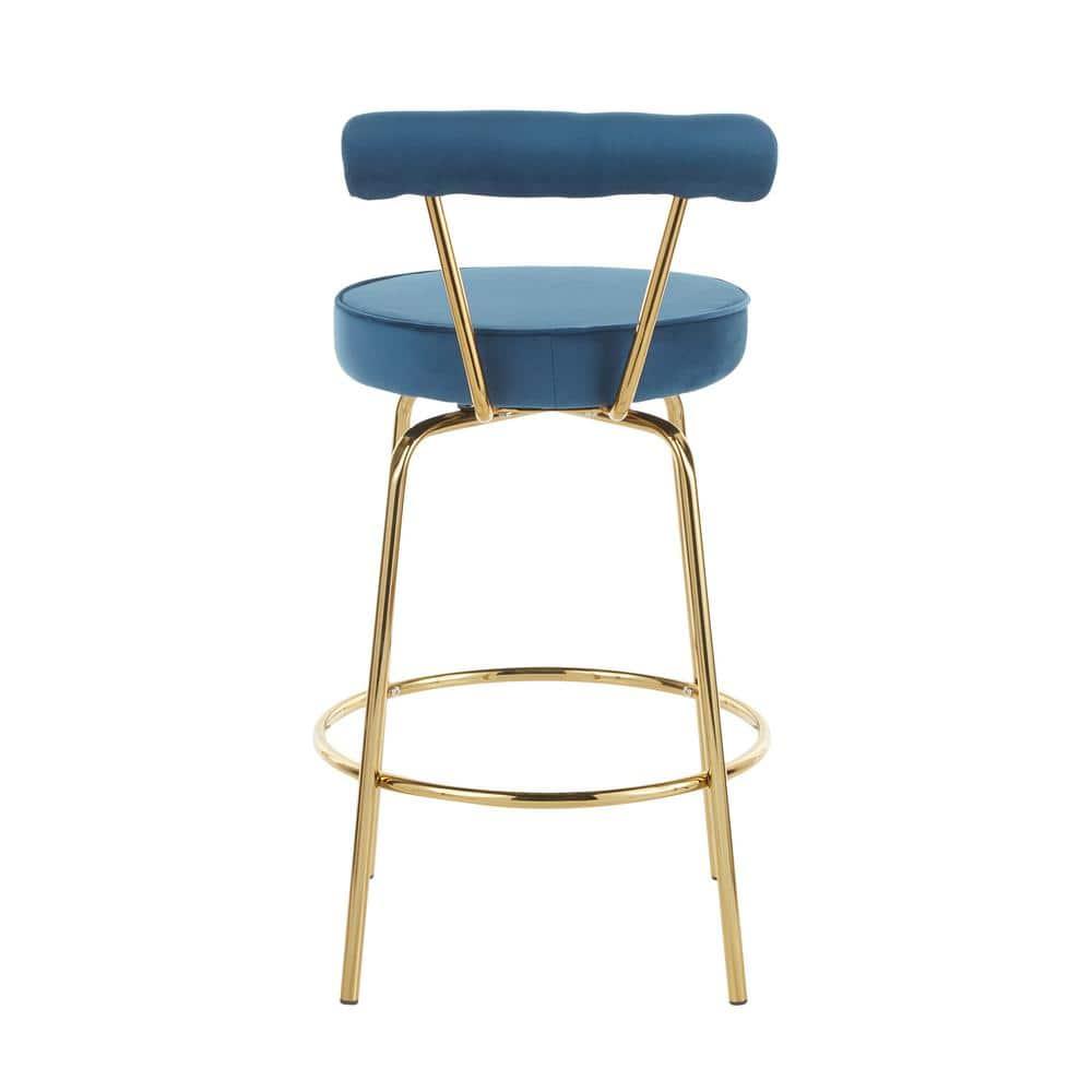 Set of 2 Rhonda Glam Counter Height Barstools Blue Velvet - LumiSource: Gold Finish, Metal Frame, Swivel, 25.5" Seat Height