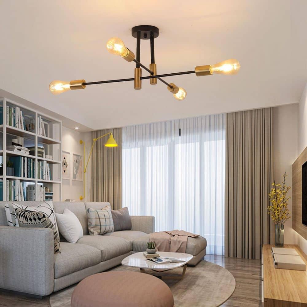 Sputnik Chandelier - 4-Light Semi Flush Mount Ceiling Light Fixture,Mid Century Modern Hanging Light Fixtures,Black and Gold Chandeliers for Dining Room Bedroom Living Room Kitchen Foyer