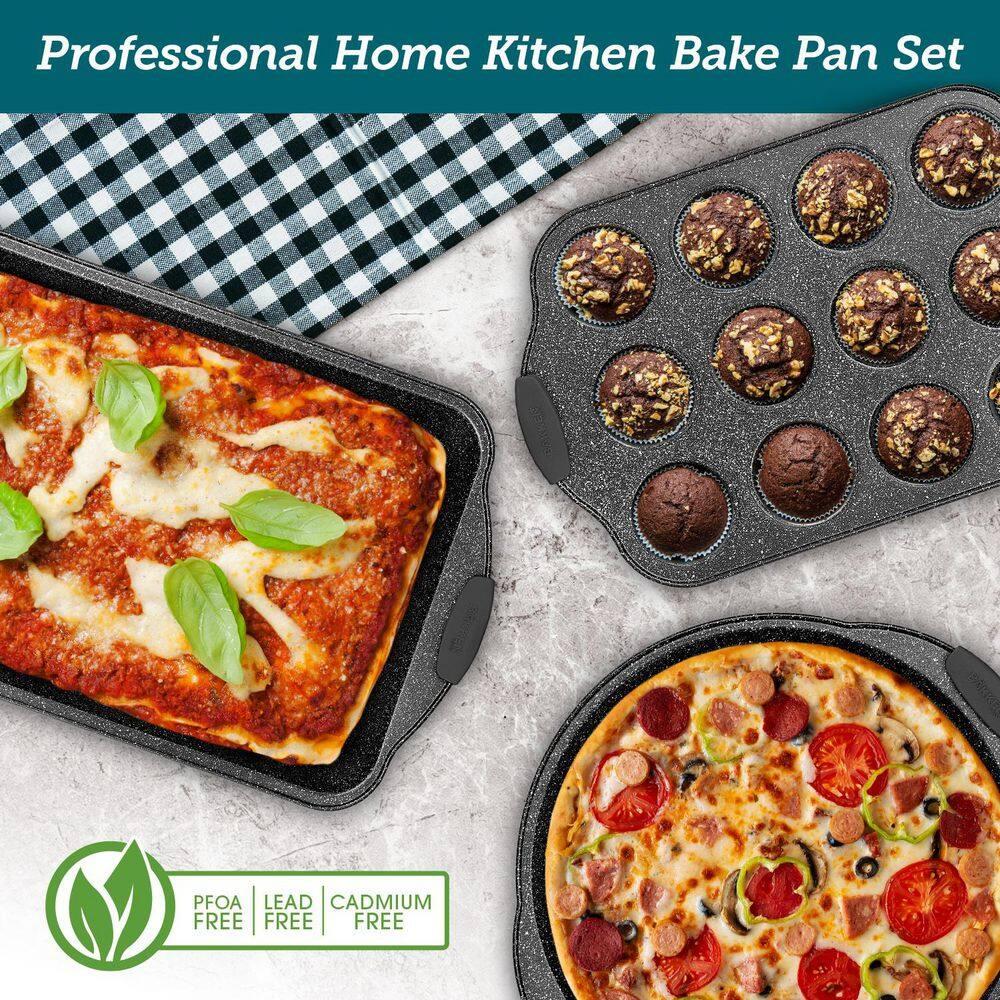 BAKKEN 8-Piece Kitchen Oven Baking Pans Set - Deluxe Nonstick Gray Marble Coating, Professional Grade Carbon Steel Bakeware with Silicone Handles
