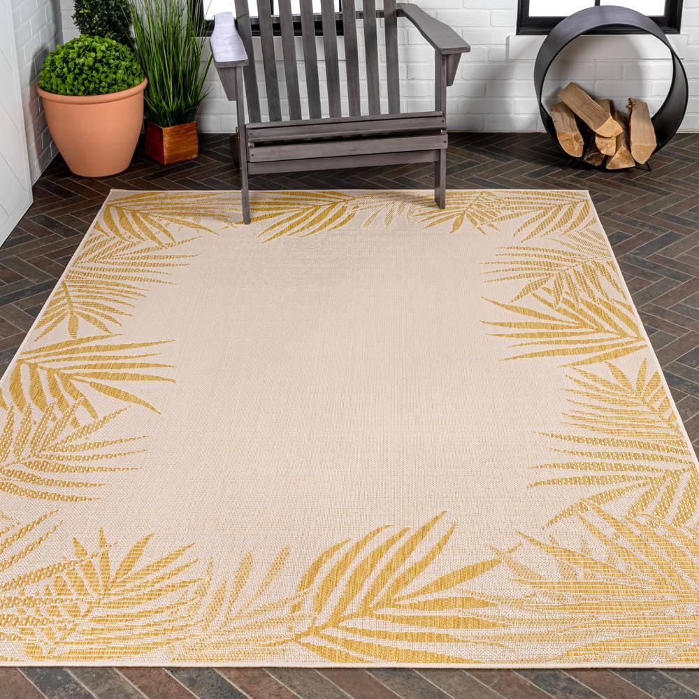 JONATHAN Y Isla Coastal Cottage Palm Frond Border Yellow/Cream 3 ft. x 5 ft. Indoor/Outdoor Area Rug