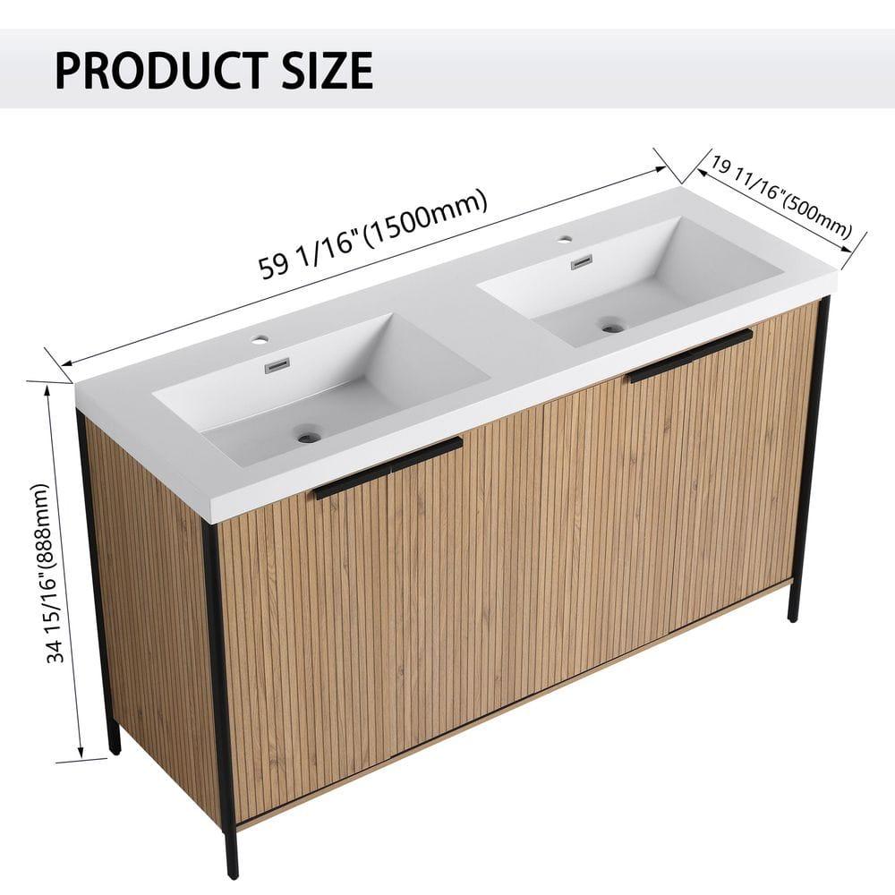 SSLine 60" Bathroom Vanity with Double Sink Mid-Century Modern Bathroom Sink Cabinet Freestanding Bathroom Vanities with Double White Top Basin and Adjustable Storage Shelves, Natural Brown Stripe
