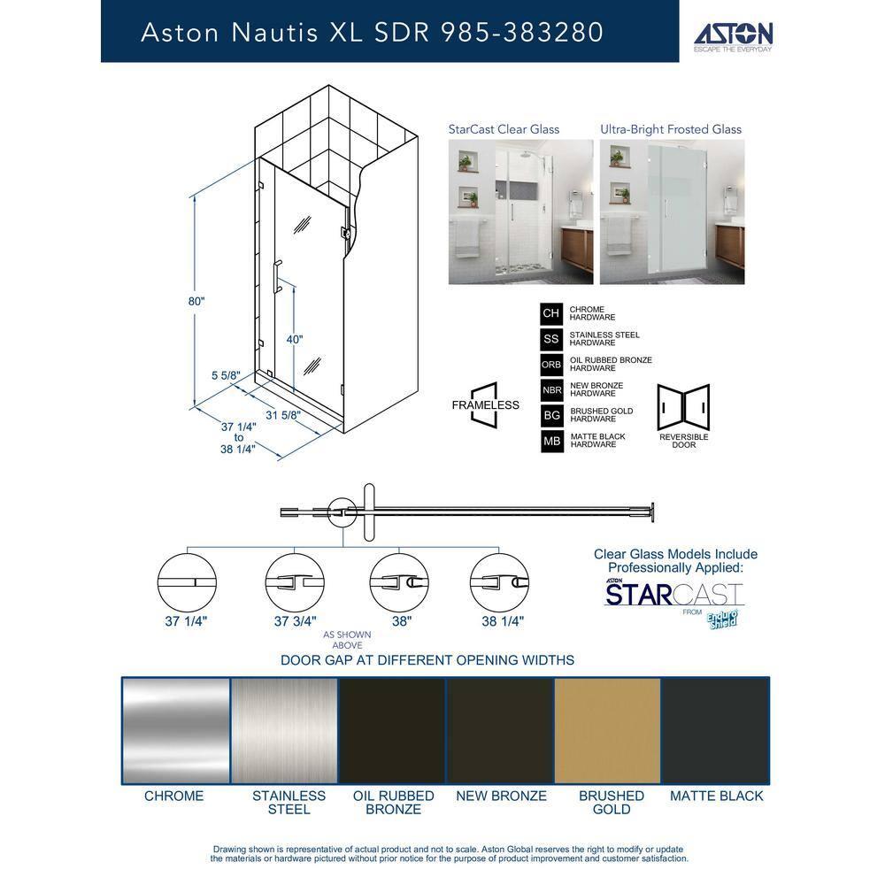 Aston Nautis XL 37.25 - 38.25 in. W x 80 in. H Hinged Frameless Shower Door with Clear StarCast Glass SDR985EZ-MB-383280