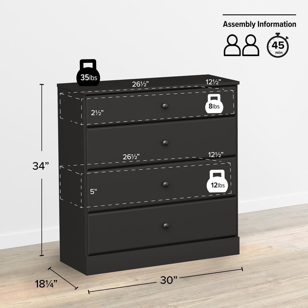 Prepac 4 Drawers Astrid Dresser Black: Wood Composite Frame, 36.25" High, Bedroom Storage
