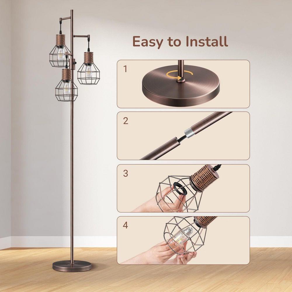 EDISHINE Dimmable Rustic Floor Lamp, Farmhouse Standing Lamp with 3 LED Edison Bulbs, Rattan Design Floor Lamps for Living Room, Bedroom, Reading Corner, Office, Electroplated Brushed Red Copper