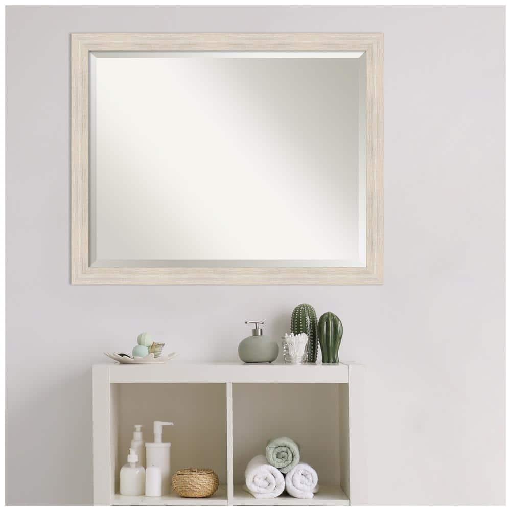 Amanti Art Beveled Wood Bathroom Wall Mirror - Hardwood Whitewash Narrow Frame - Hardwood White Wash Narrow Outer Size: 31 x 25 in