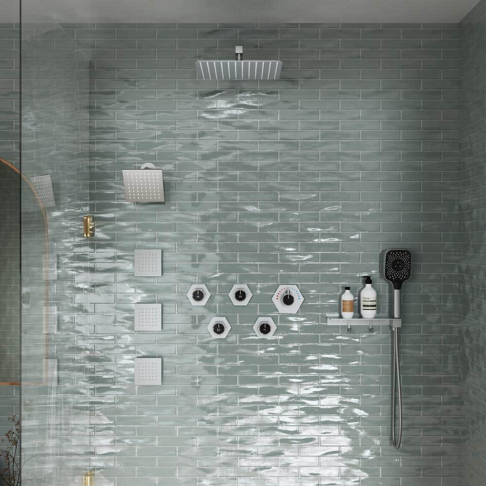 Brushed Nickel Large Dual Shower Head System with Handheld and Body Jets