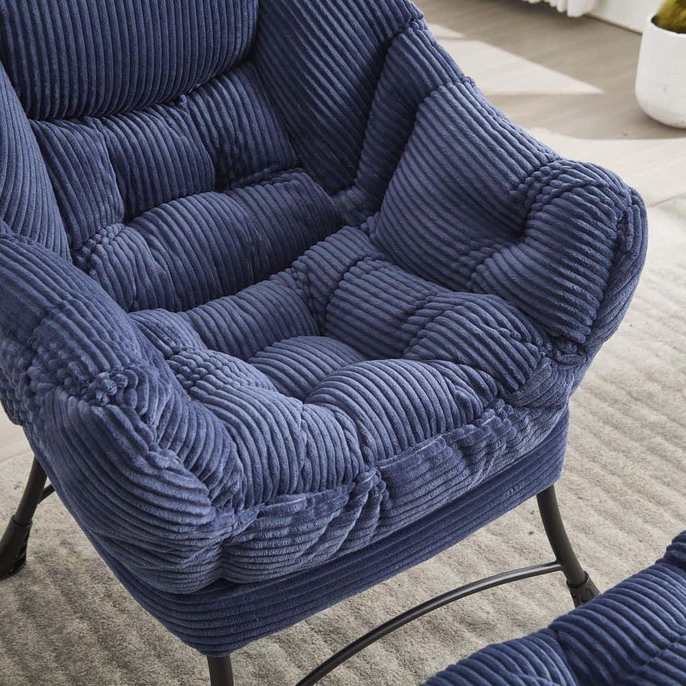 Modern Lazy Chair with Ottoman, Accent Chair with Armrests and a Side Pocket, Blue Cotton Reading Chair with Footrest-Coolbibila