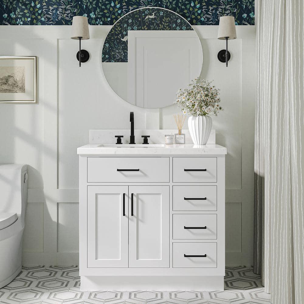 Wildon Home® Tidworth 36'' Solid Wood Single Bathroom Vanity with 1.5'' Carrara Quartz Top, Right Offset Rectangular Sink