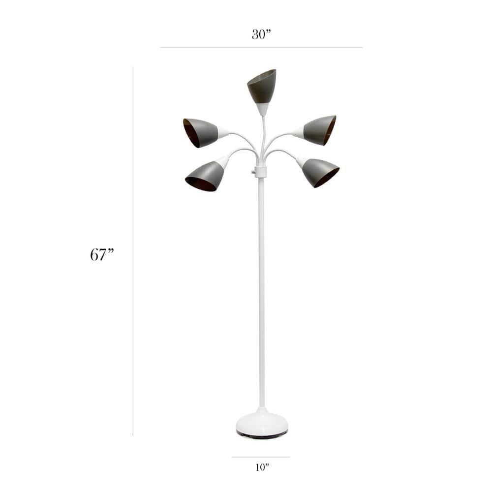 Simple Designs 67" Contemporary Multi 5-Head Adjustable Gooseneck Floor Lamp with Shades Gray : ETL Listed, Metal Body, Rotary Dimmer Switch