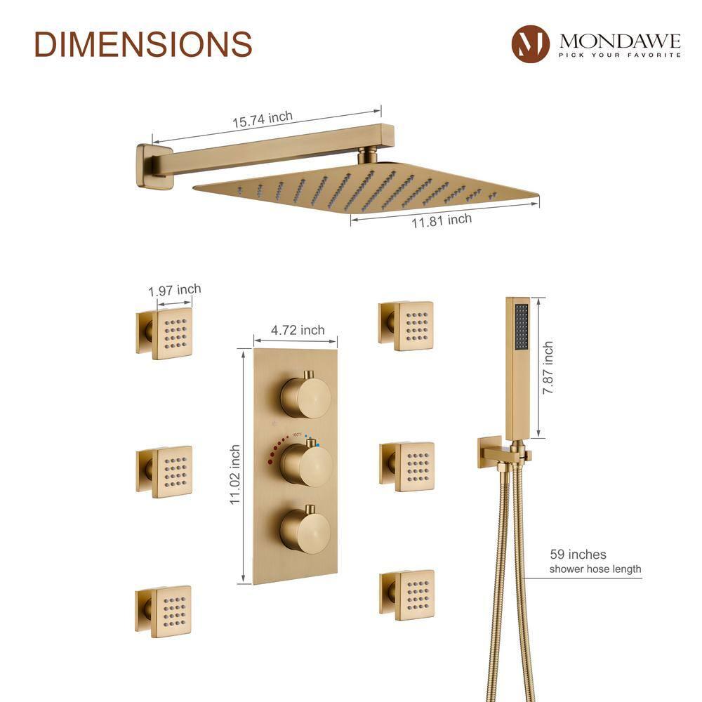 3 Functions Wall Mount Thermostatic Complete Shower System with 6 Body Jets, Rough-in Valve