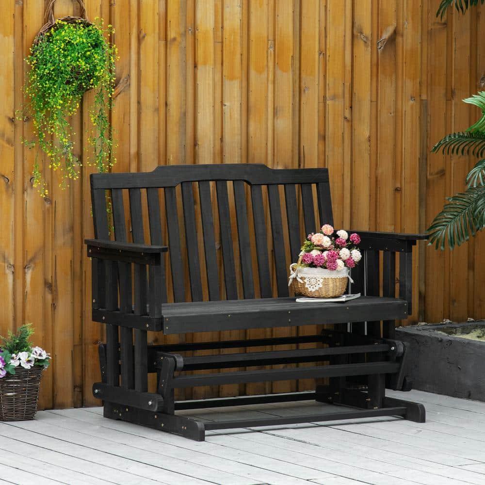 Outsunny Wooden Patio Glider Bench, Wood Outdoor Loveseat with High Back and Armrests, 2-Seat, Black