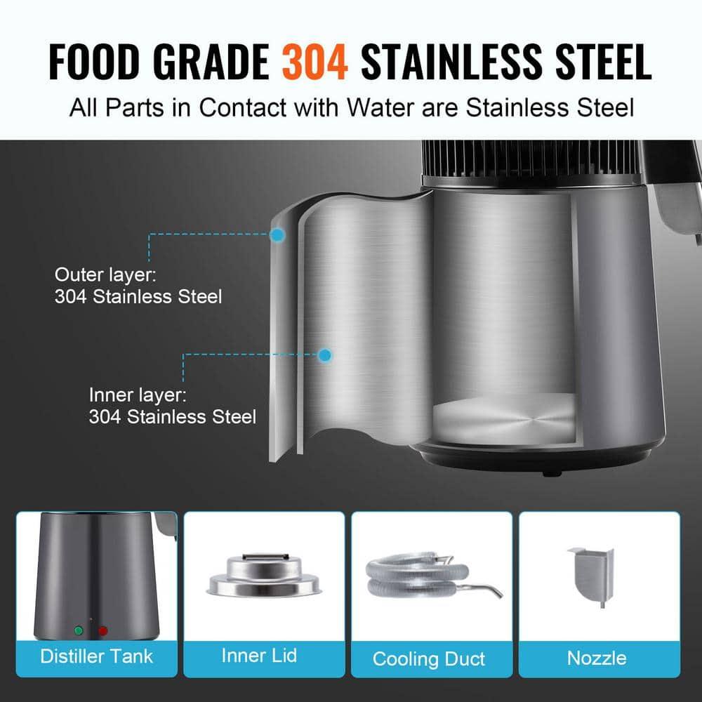 VEVOR Water Distiller, 4L 1.05 Gallon Pure Water Purifier Filter For Home Countertop, 750W Distilled Water Maker, Stainless Steel Interior Distiller