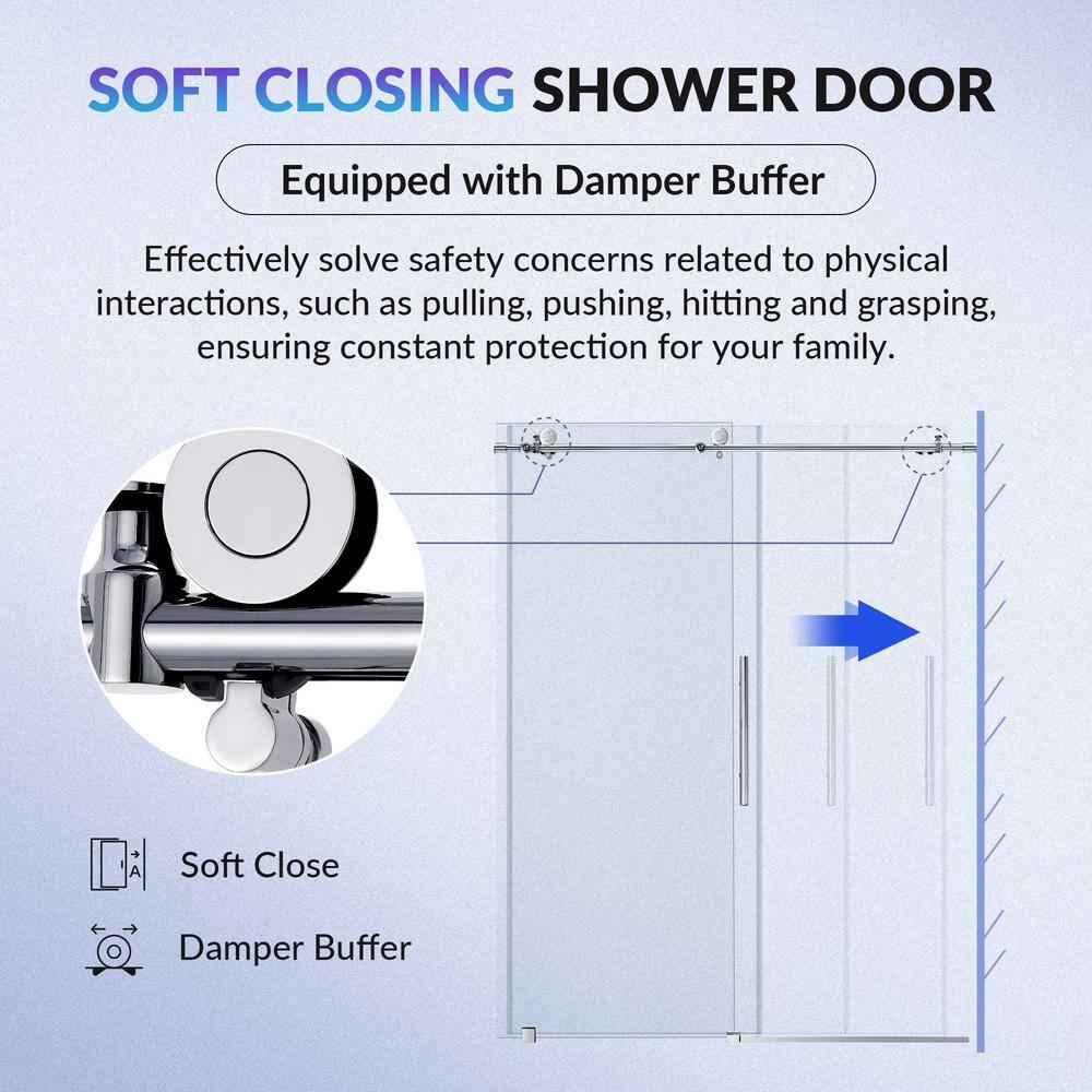 WoodBridge Frameless Single Sliding Shower Doors, 56-60" W X 62" H With 5/16" Clear Tempered Glass And Explosion-Proof Film MSDF6062-C