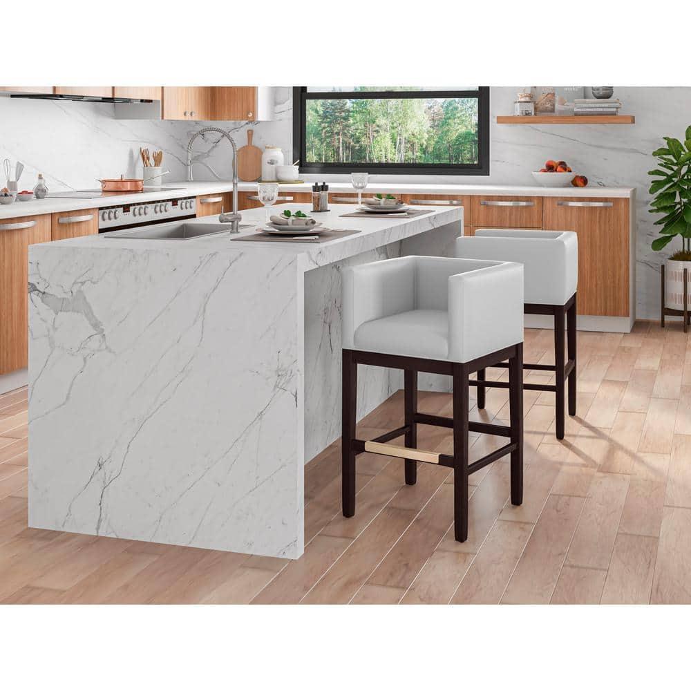 Set of 2 Kingsley Upholstered Beech Wood Counter Height Barstools Ivory - Manhattan Comfort: Faux Leather, Low Back, Armrests