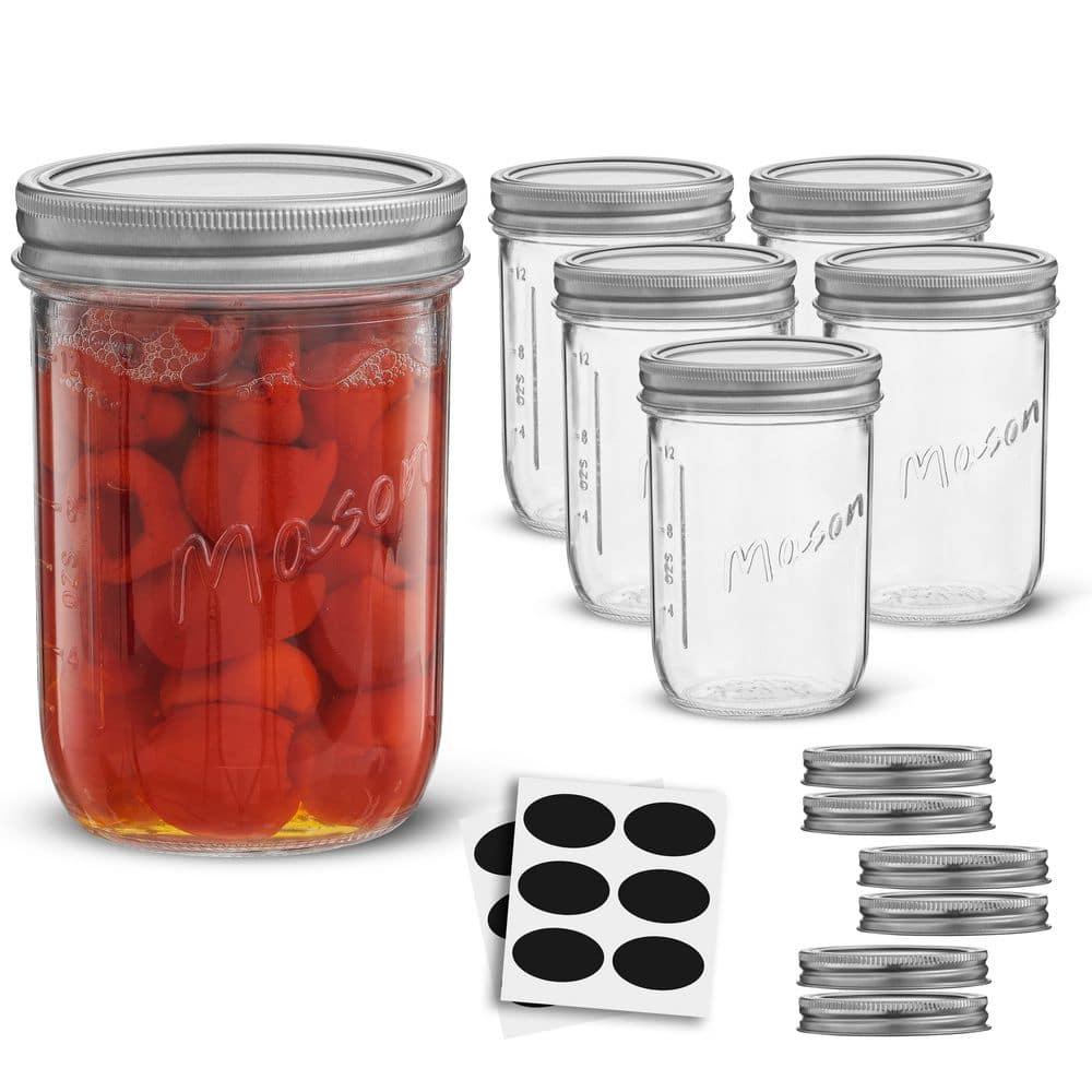 JoyJolt Wide Mason Jars with Airtight Lids, Labels and Measures - 16 oz - Set of 6