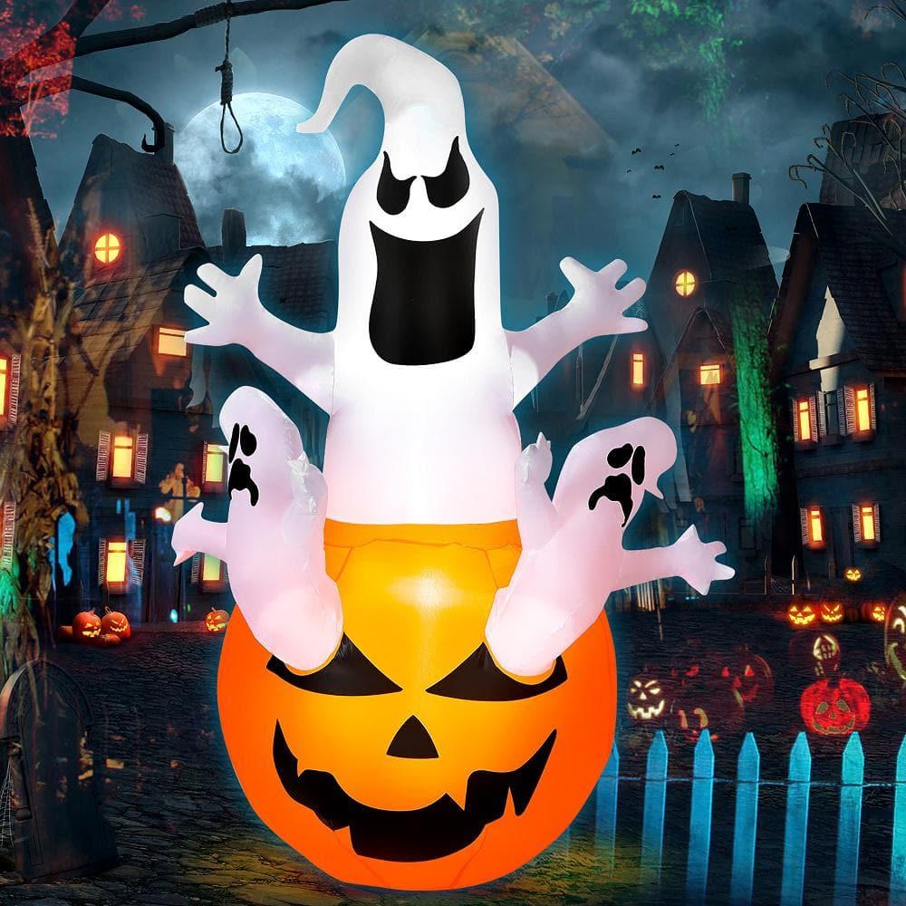 Tangkula 6ft Halloween Inflatables Ghost Pumpkin-Halloween Blow Up Yard Decorations w/Build-in LED Light