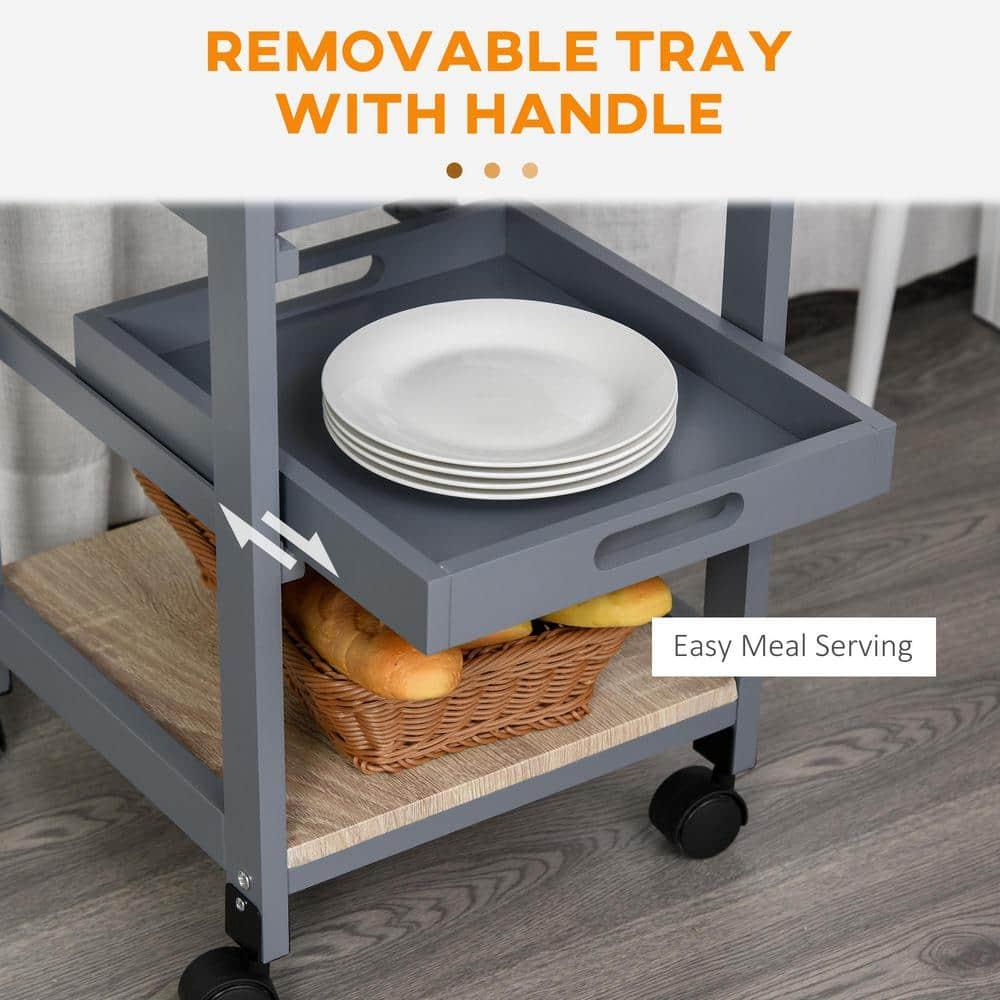 Mobile Rolling Kitchen Island Trolley Serving Cart with Underneath Drawer & Slide-Out Wire Storage Basket, Grey