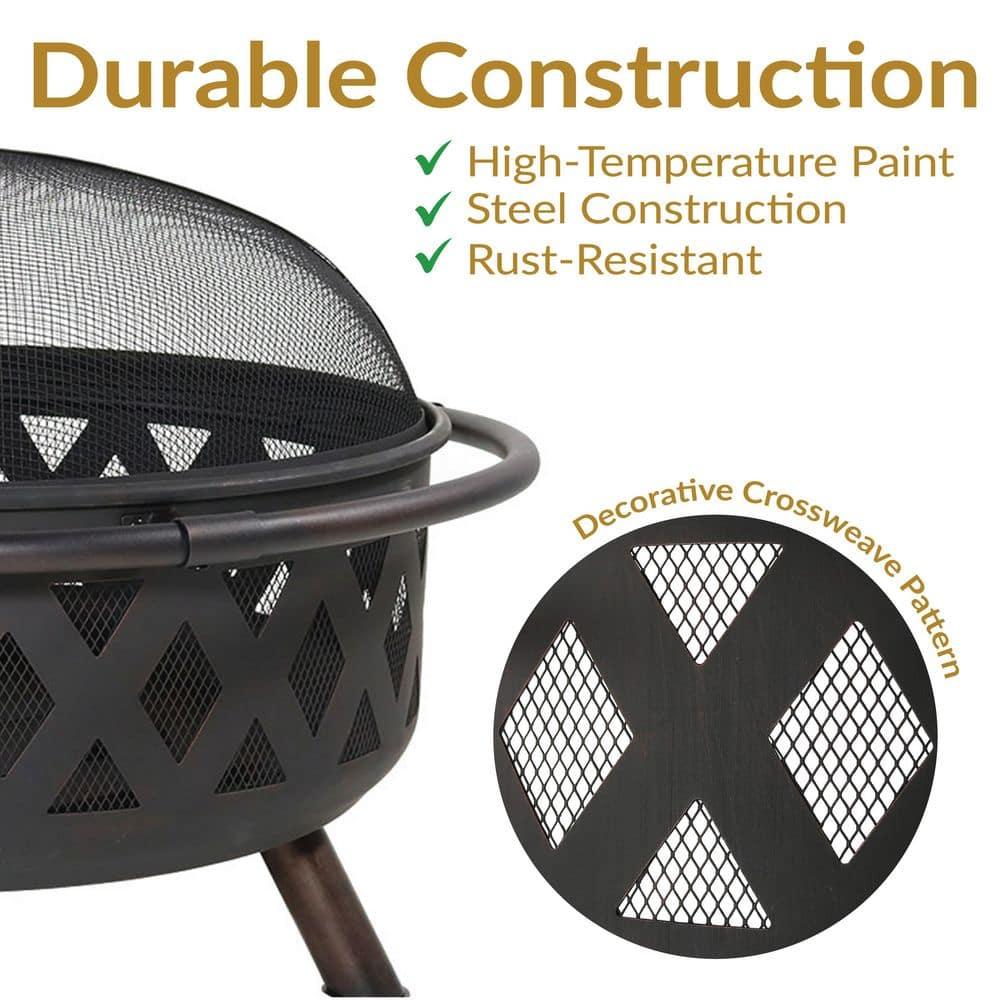 Sunnydaze Outdoor Camping or Backyard Round Crossweave Cut Out Fire Pit with Spark Screen, Log Poker, and Cover - 36"
