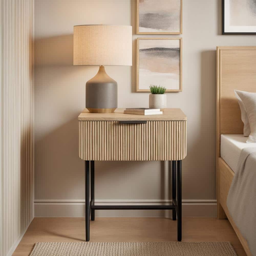 Saracina Home Modern Fluted 1 Drawer Side Table Coastal Oak/Black
