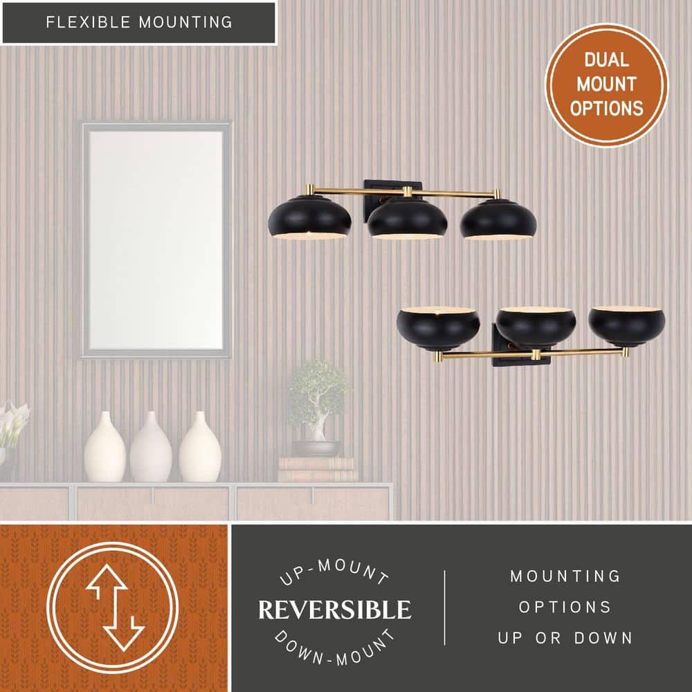 Belmont 3 Light Black and Brass Mid Century Modern Dome Bathroom Vanity Fixture