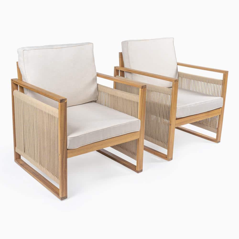 Gable Mid-Century Modern Roped Acacia Wood Outdoor Patio Chair with Cushions, Beige/Light Teak (Set of 2) - JONATHAN Y