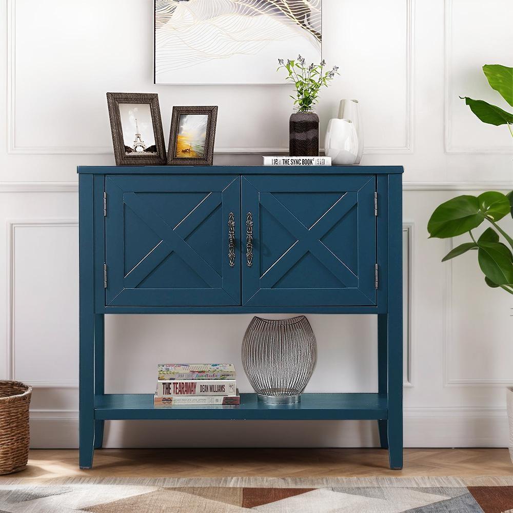 35 in. Blue Farmhouse Wood Buffet Sideboard with Bottom Shelf and 2-Door Cabinet