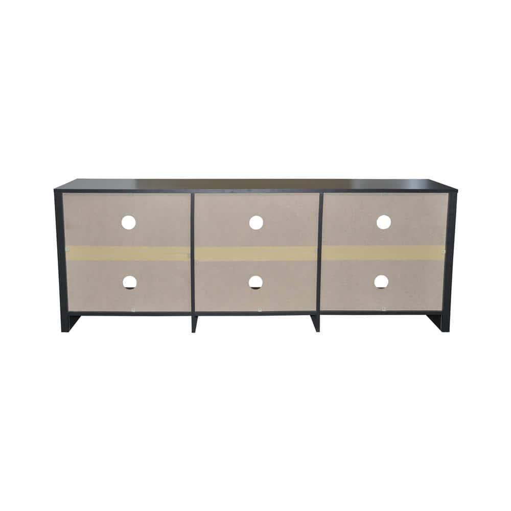 AndMakers 65 in. Modern Black Oak TV Stand For TVs Up To 62" With 6 Open Shelves, Modern Entertainment Center With Storage, TV Console Table