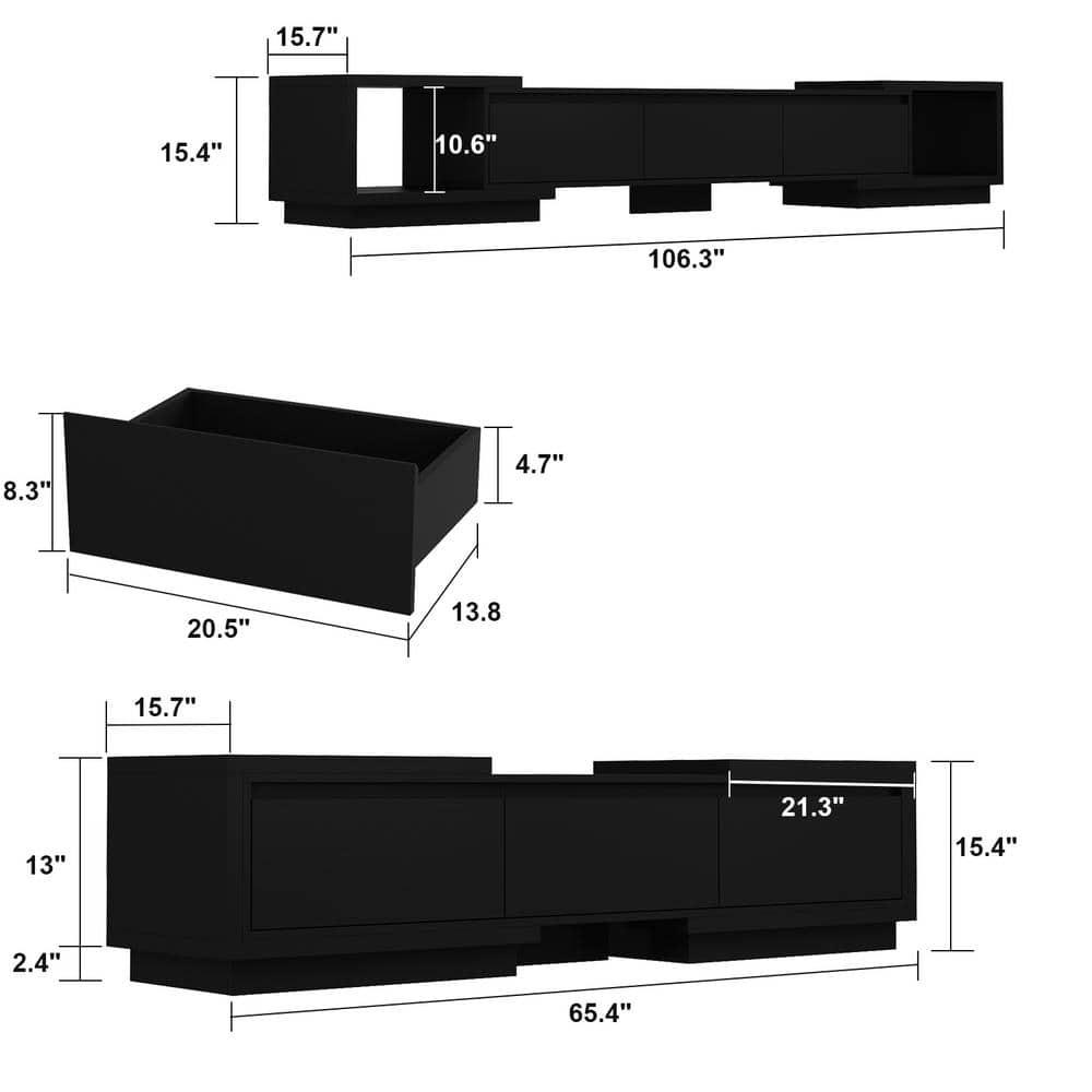 Famapy Black Extendable TV Console Table Modern TV Cabinet with Drawers