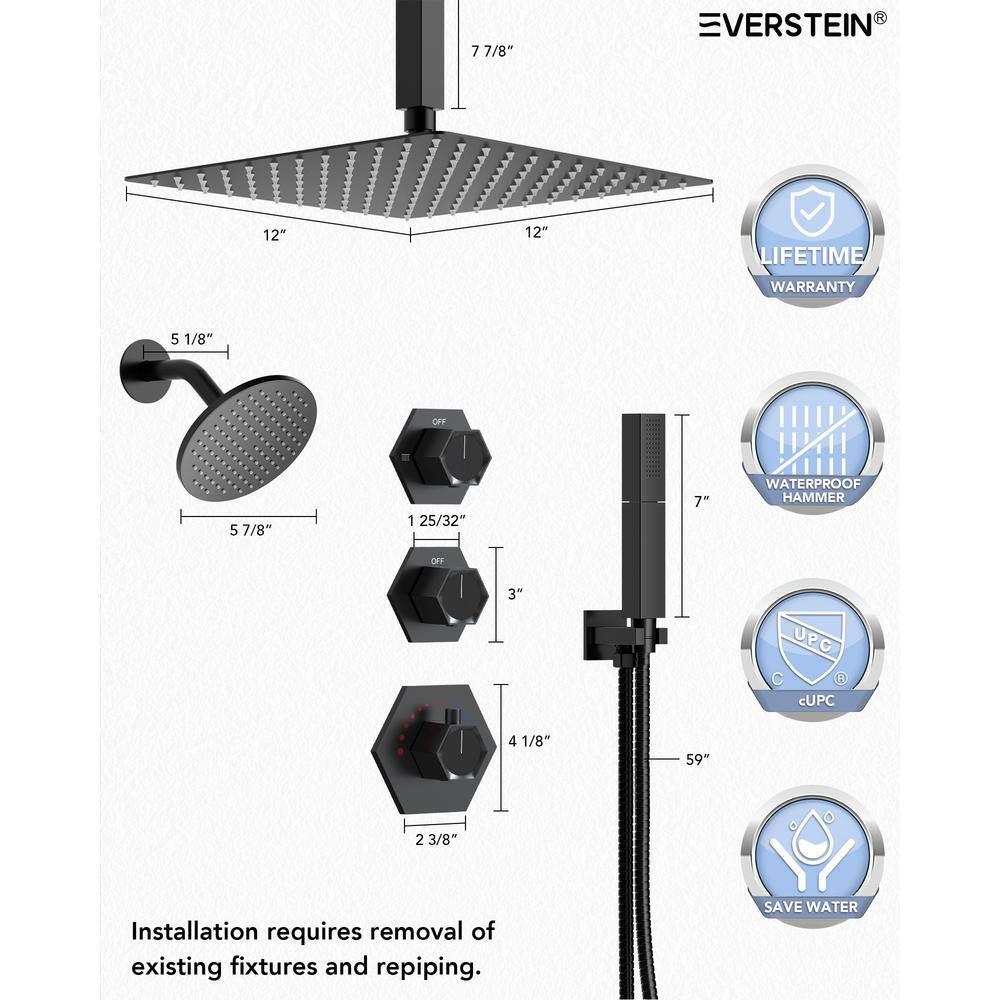 Thermostatic Shower Faucet 12" High-Pressure Dual Showerheads with Rough-In Valve