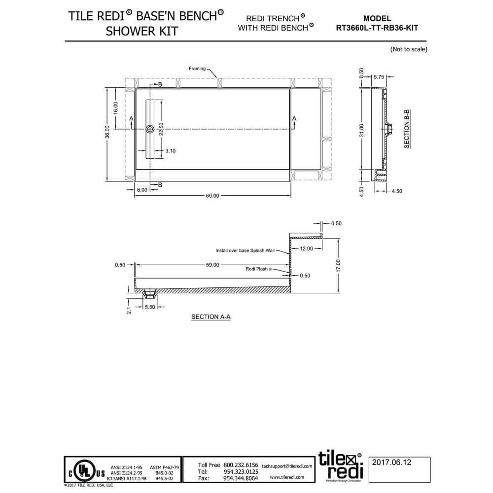 Tile Redi Base'N Bench Single Threshold Shower Base with Bench and Grate