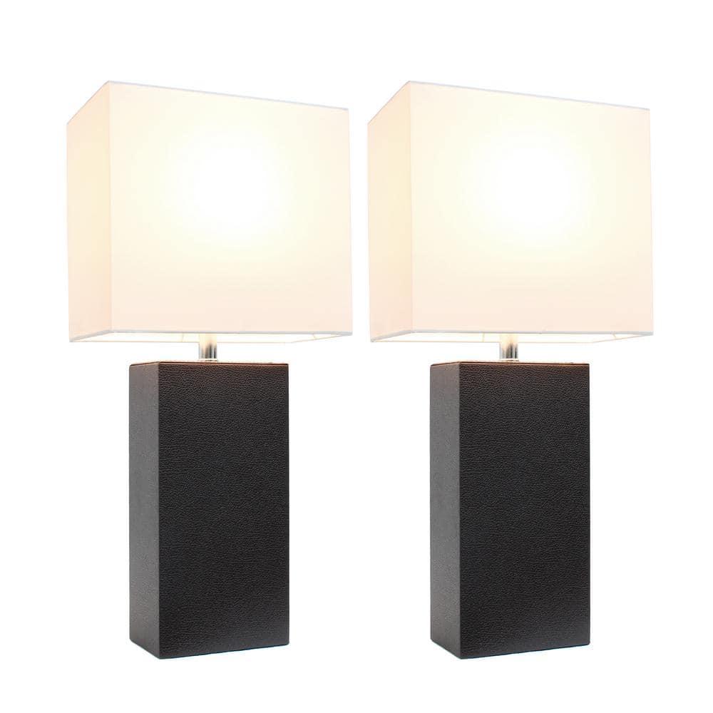 Elegant Designs Set of 2 Leather Table Lamps with Fabric Shades Espresso Brown: UL Listed, Cotton Shade, Metal Body, No Assembly Required