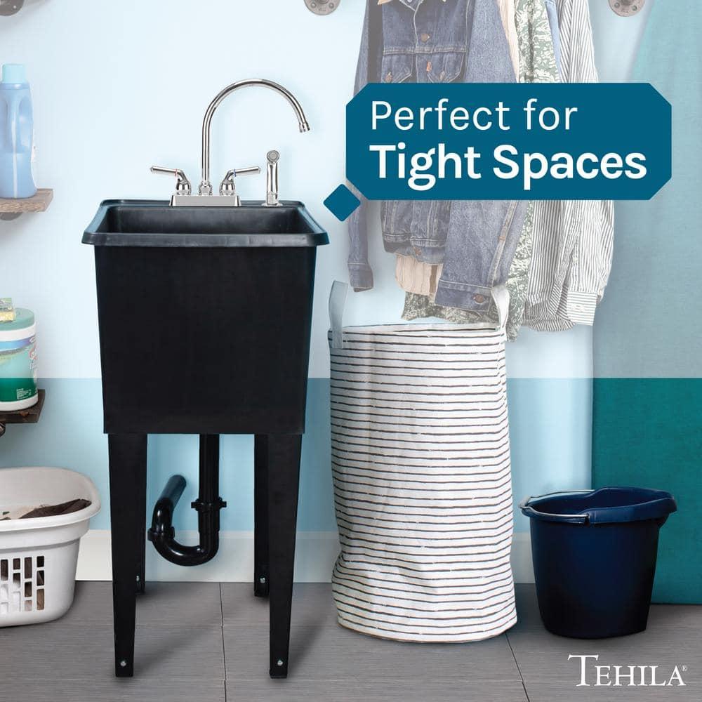 TEHILA Space Saver 16 Gallon Black Utility Sink with Chrome Finish Faucet & Side-Sprayer
