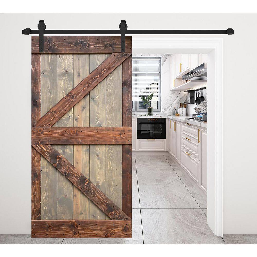 K Style Series 42in.X 84in.Brown/Walnut Finished DIY Knotty Pine Wood Sliding Barn Door Slab
